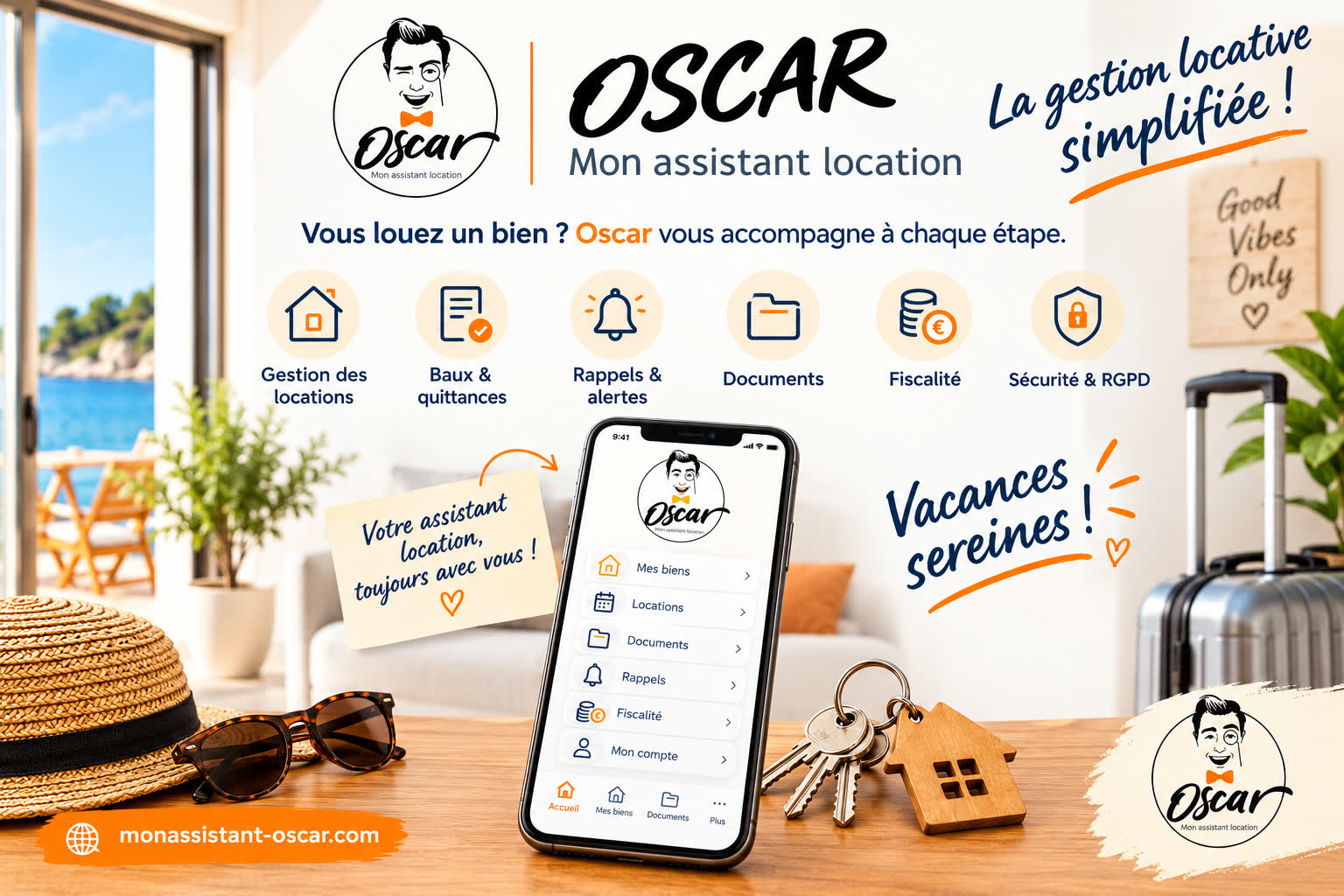 Visuel OSCAR « Vacances sereines » : smartphone avec l'application OSCAR, clés, valise, chapeau de paille et lunettes de soleil dans une location de vacances avec vue sur la mer