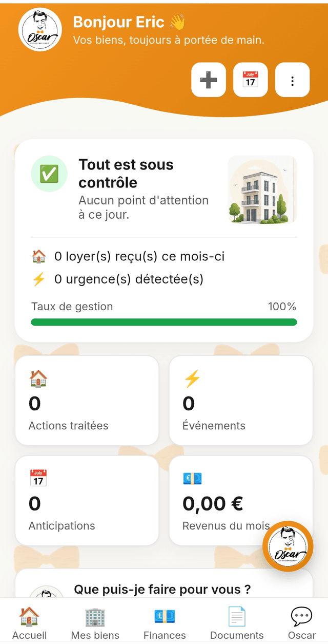 Écran d'accueil de l'app OSCAR